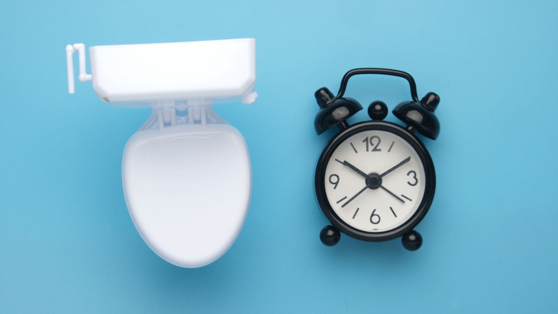 A stock image of a mini toilet and a black analog clock