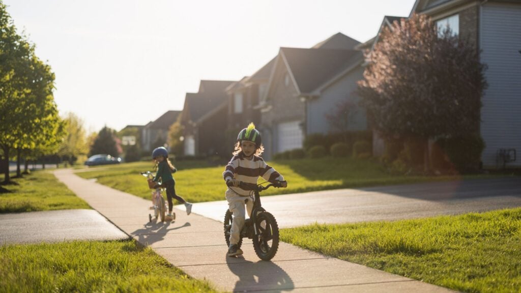 Two kids riding their bikes on the sidewalk in front of their house